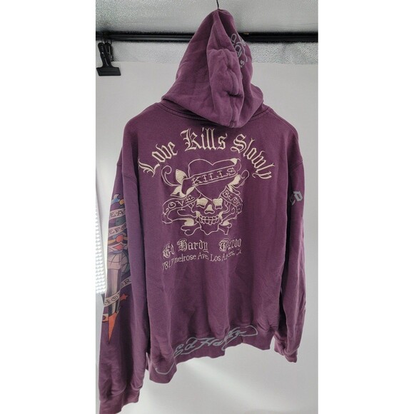 Ed Hardy Tops - Vintage Ed Hardy Purple Love Kills Slowly Skull Y2K Hoodie
